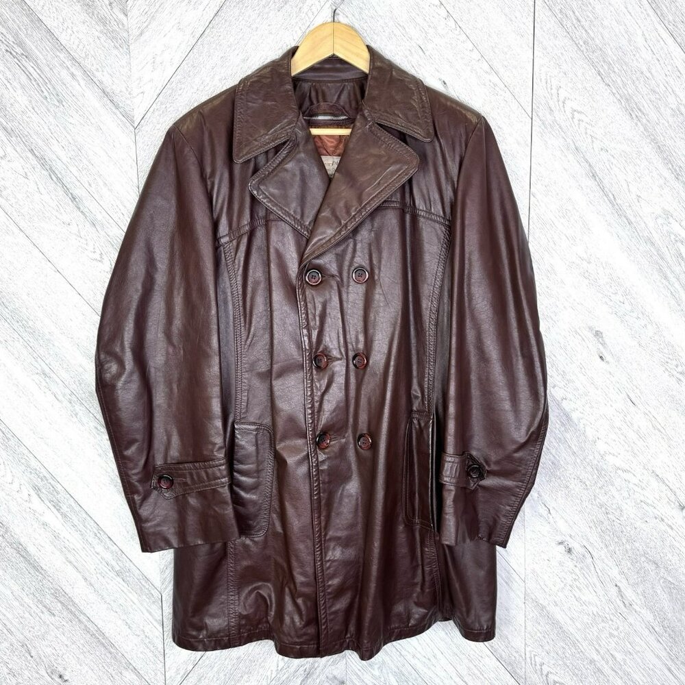 Vintage 70s Sears Mens Store Leather Peacoat Coat Brown Size XL Boho Hipster